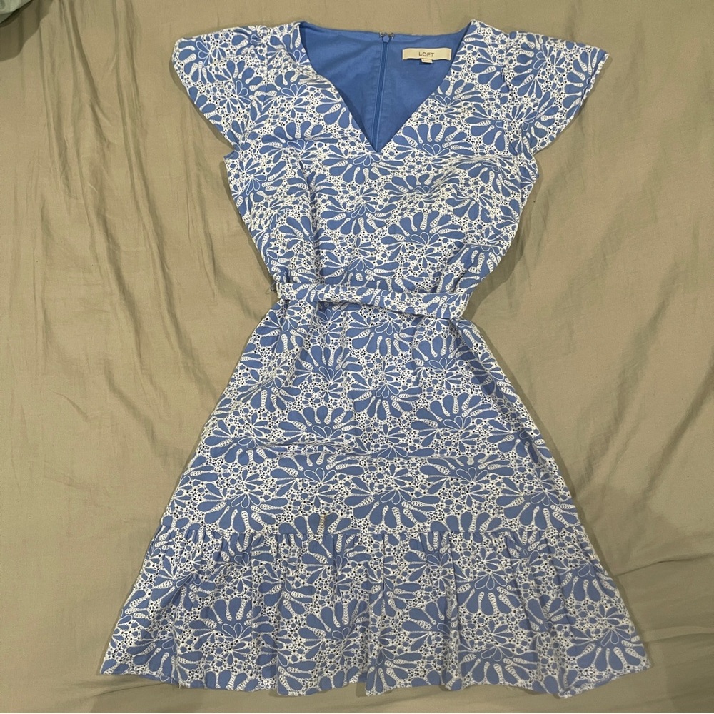 Blue and White Dress with eyelet embroidery